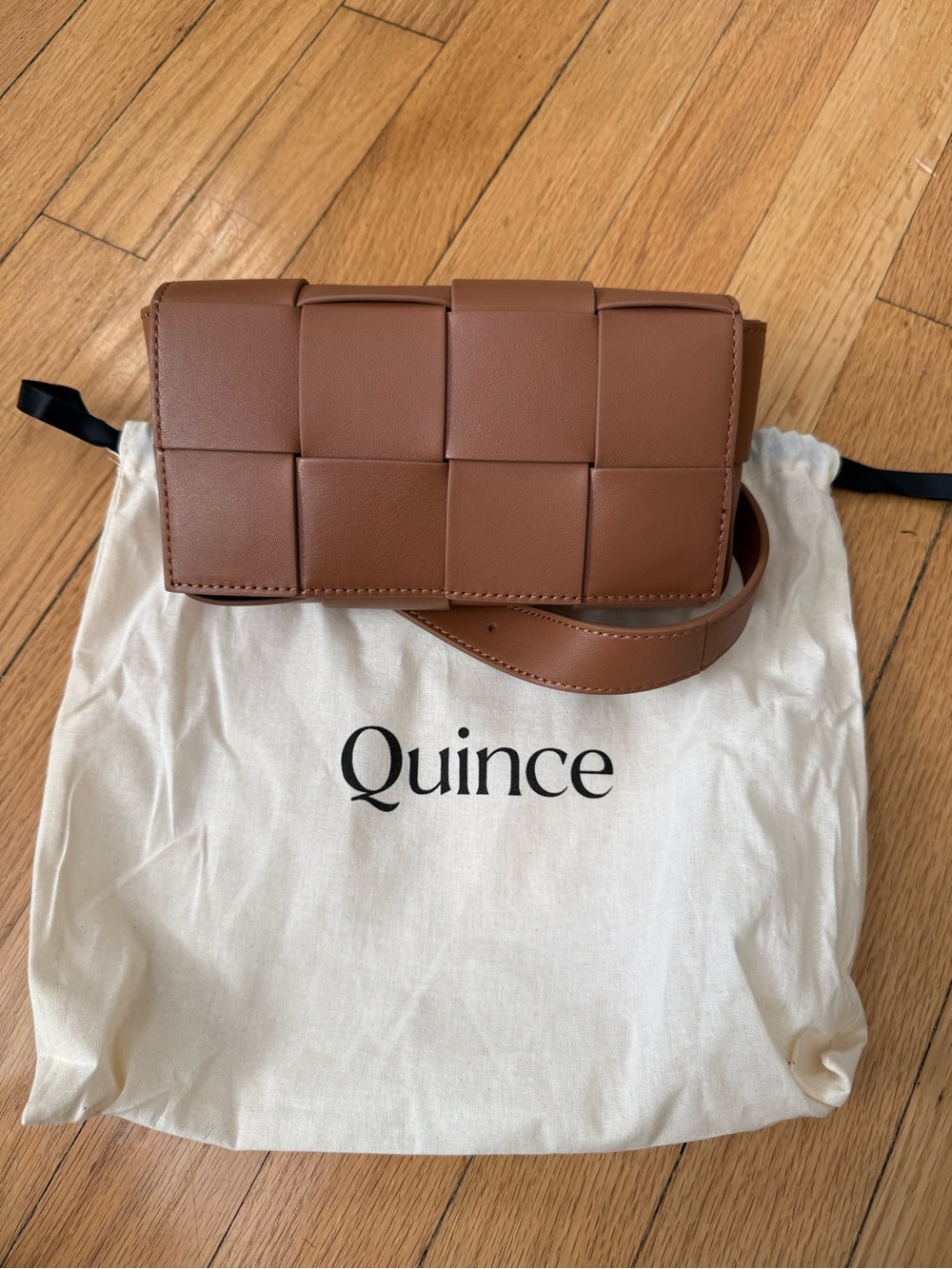 NWT: Italian Leather Handwoven Box
Belt Bag, Cognac, w dust bag